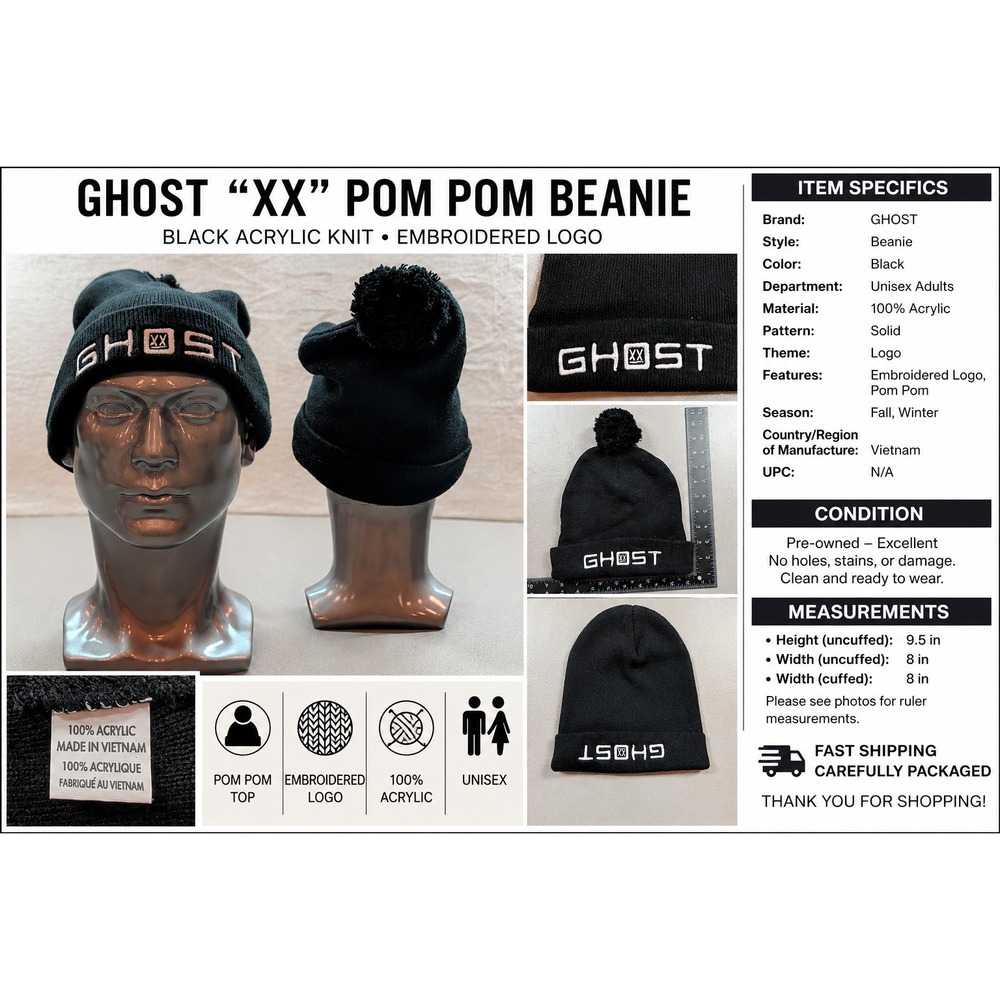 Ghost Lifestyle Beanie Hat Black White Embroidered Logo Pom Cuffed Knit Acrylic